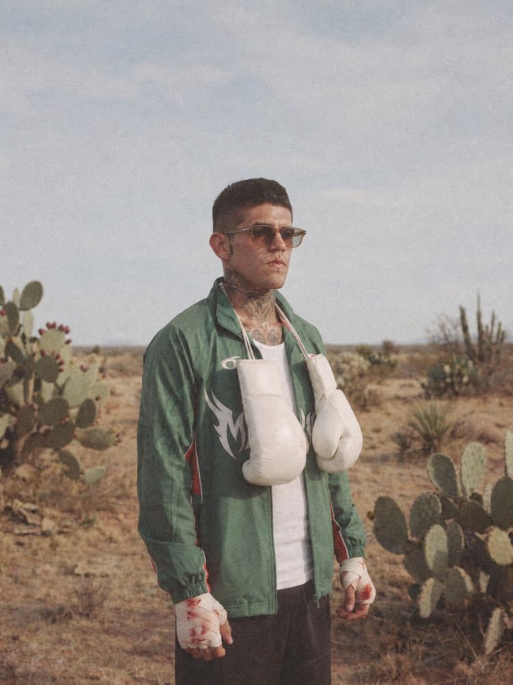 Sesión con IA en el desierto con guantes de boxeo